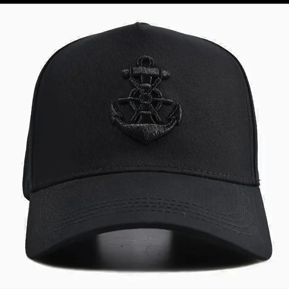 Black cotton twill anchor embroidered cap, unisex - Picture 1 of 6